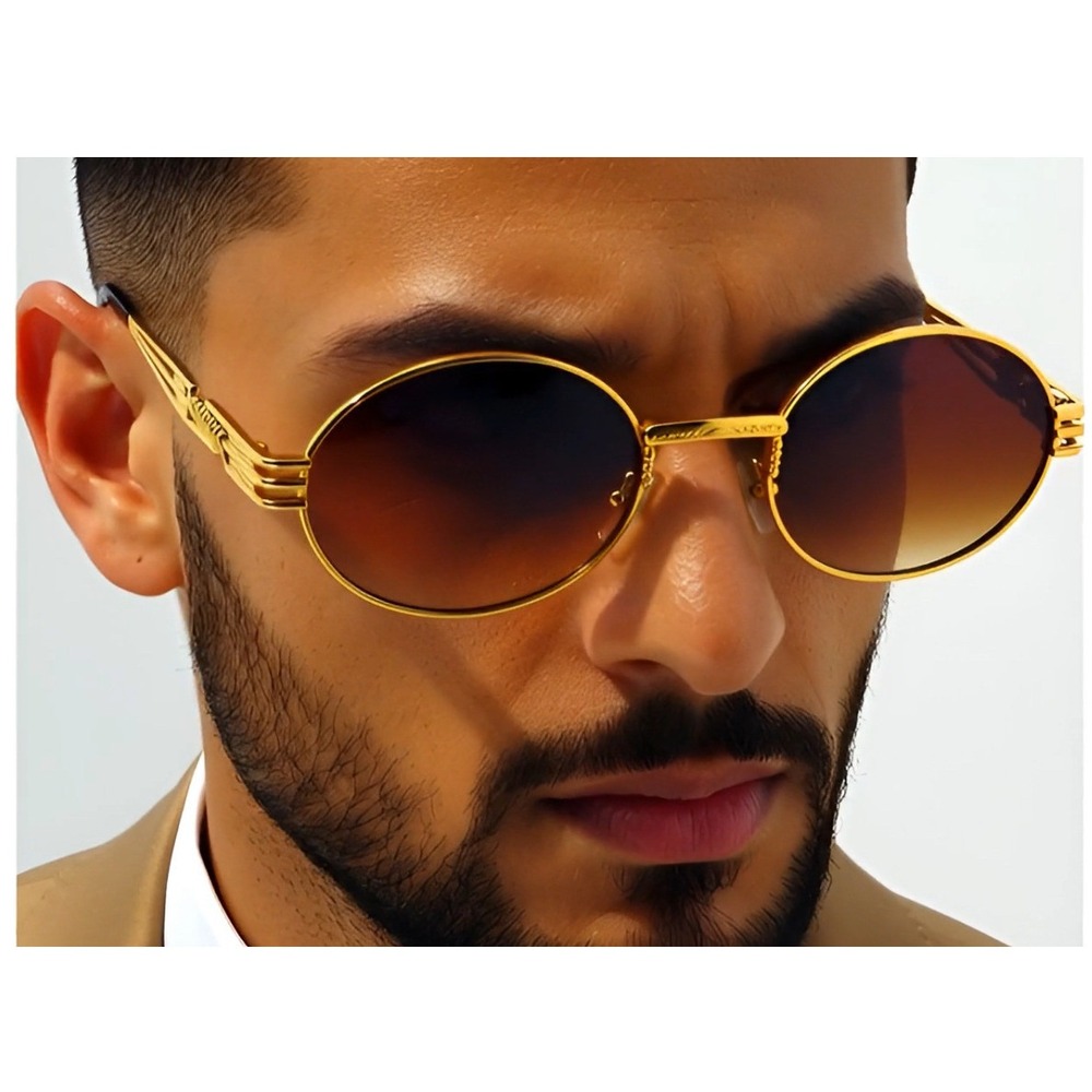 Round‎ Sunglasses Gold Frame Brown Lens Designer Fashion Men Outdoor Beach Party